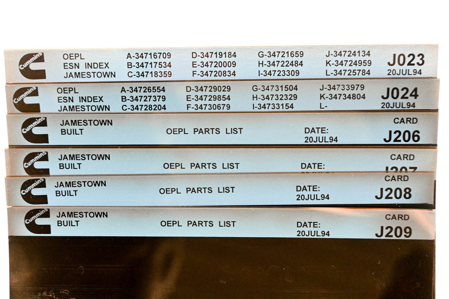 Cummins J023, J206, J209 1994 Jamestown OEPL Parts List & ESN Index Lot Of 6 Microfiche NOS