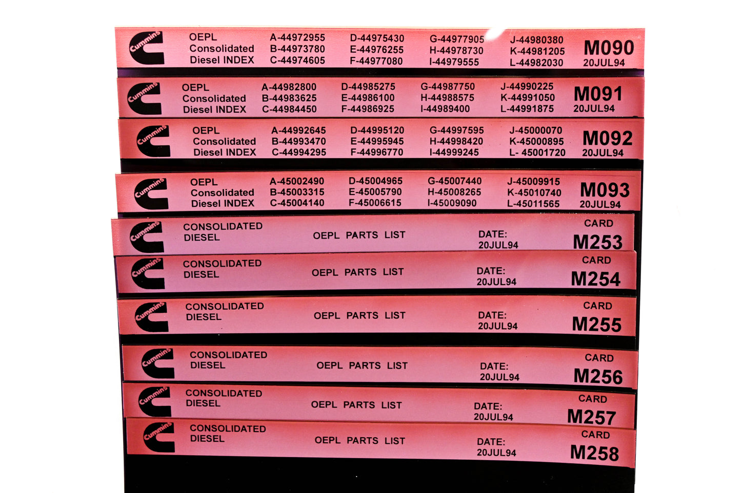 Cummins M090, M253, M258 1994 Consolidated Diesel OEPL Parts List & ESN Index Lot Of 10 Microfiche NOS