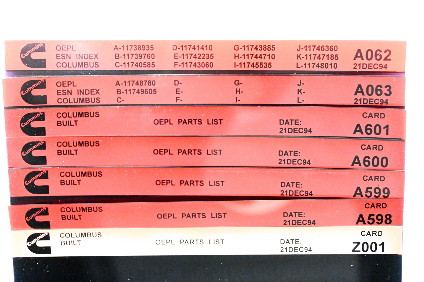 Cummins A062, A598, Z001 1994 Columbus OEPL Parts List & ESN Index Lot Of 7 Microfiche NOS
