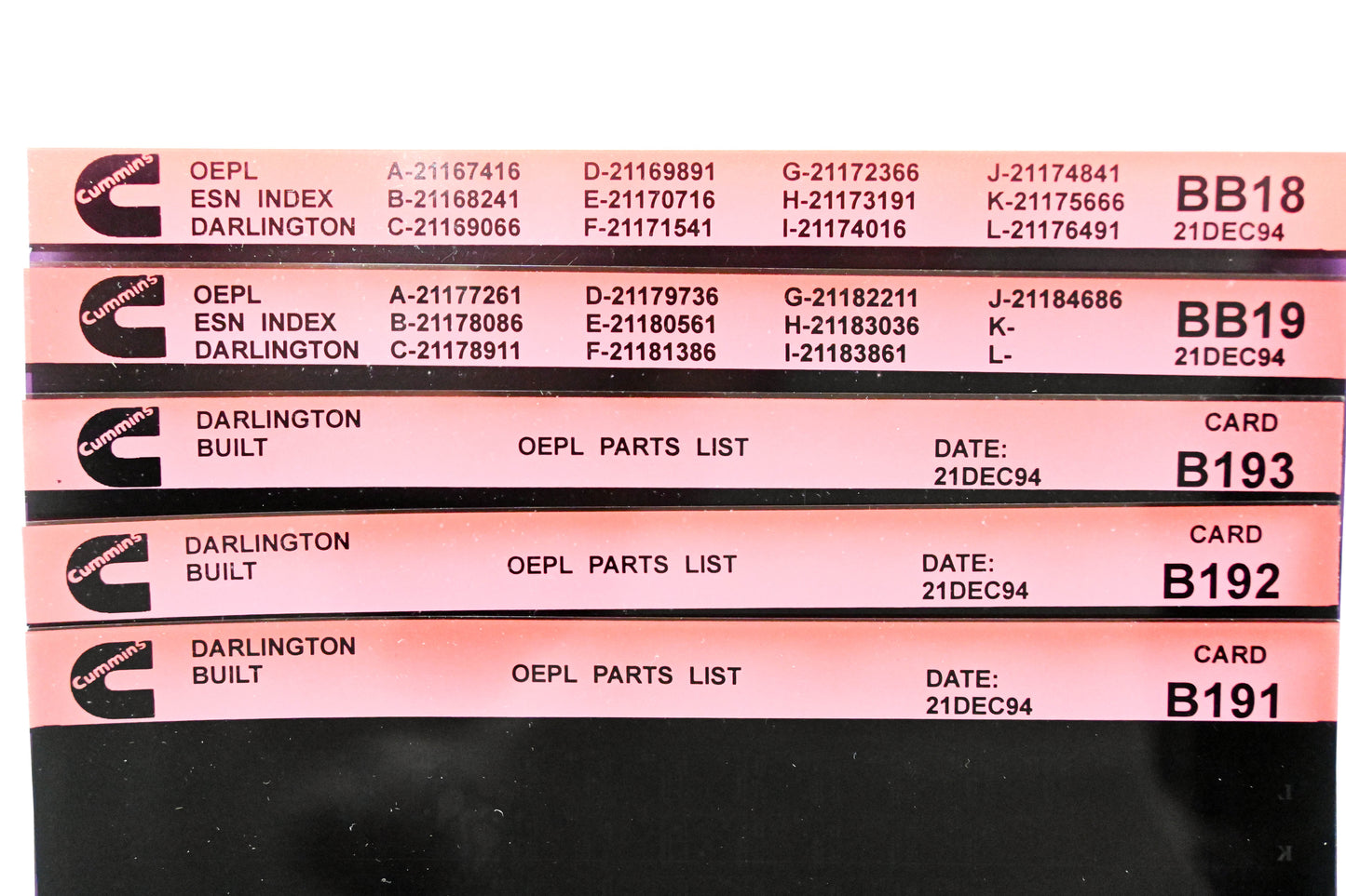 Cummins BB18, B191, B193 1994 Darlington OEPL Parts List & ESN Index Lot Of 5 Microfiche NOS