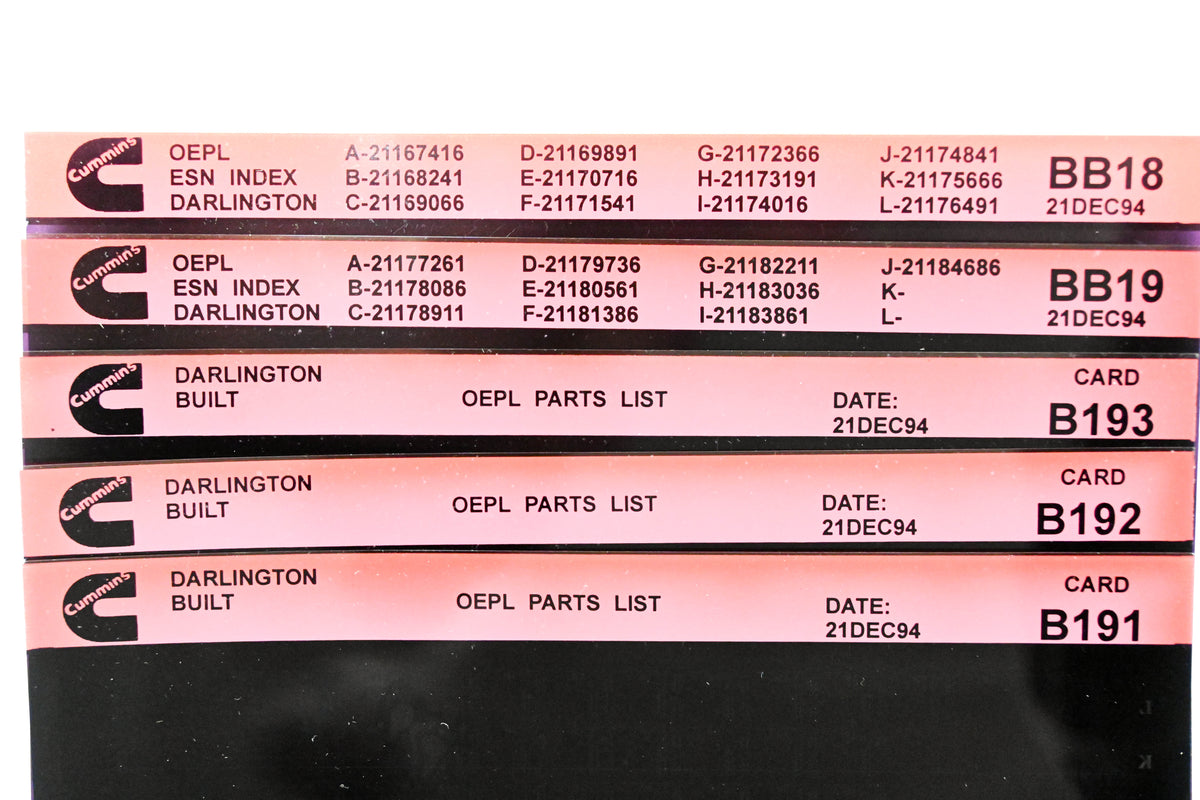 Cummins BB18, B191, B193 1994 Darlington OEPL Parts List & ESN Index Lot Of 5 Microfiche NOS