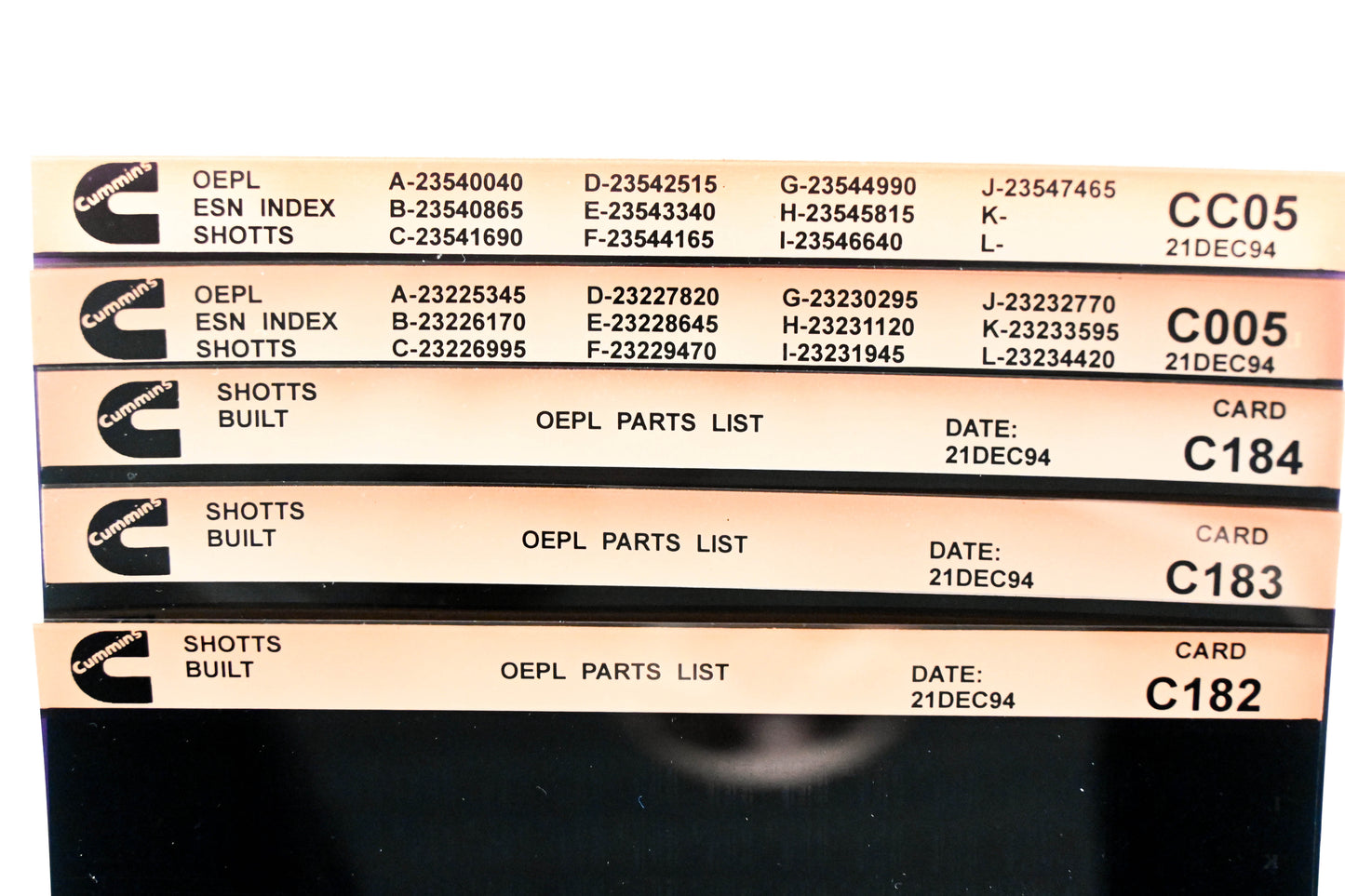 Cummins C005, CC05, C184 1994 Shotts OEPL Parts List & ESN Index Lot Of 5 Microfiche NOS