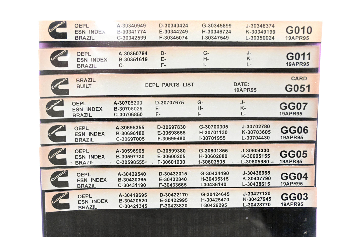 Cummins G010, G051, GG07 1995 Brazil OEPL Parts List & ESN Index Lot of 8 Microfiche NOS