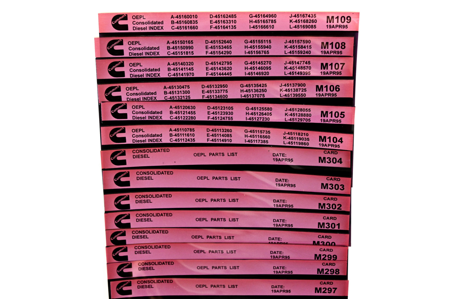 Cummins M104, 297, M304 1995 Consolidated Diesel OEPL Parts List & ESN Index Lot Of 14 Microfiche NOS
