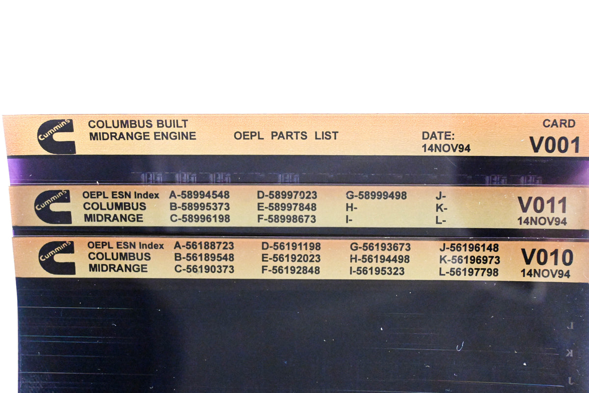 Cummins V001, V010, V011 1994 Columbus Midrange OEPL Parts List & ESN Index Lot Of 3 Microfiche NOS