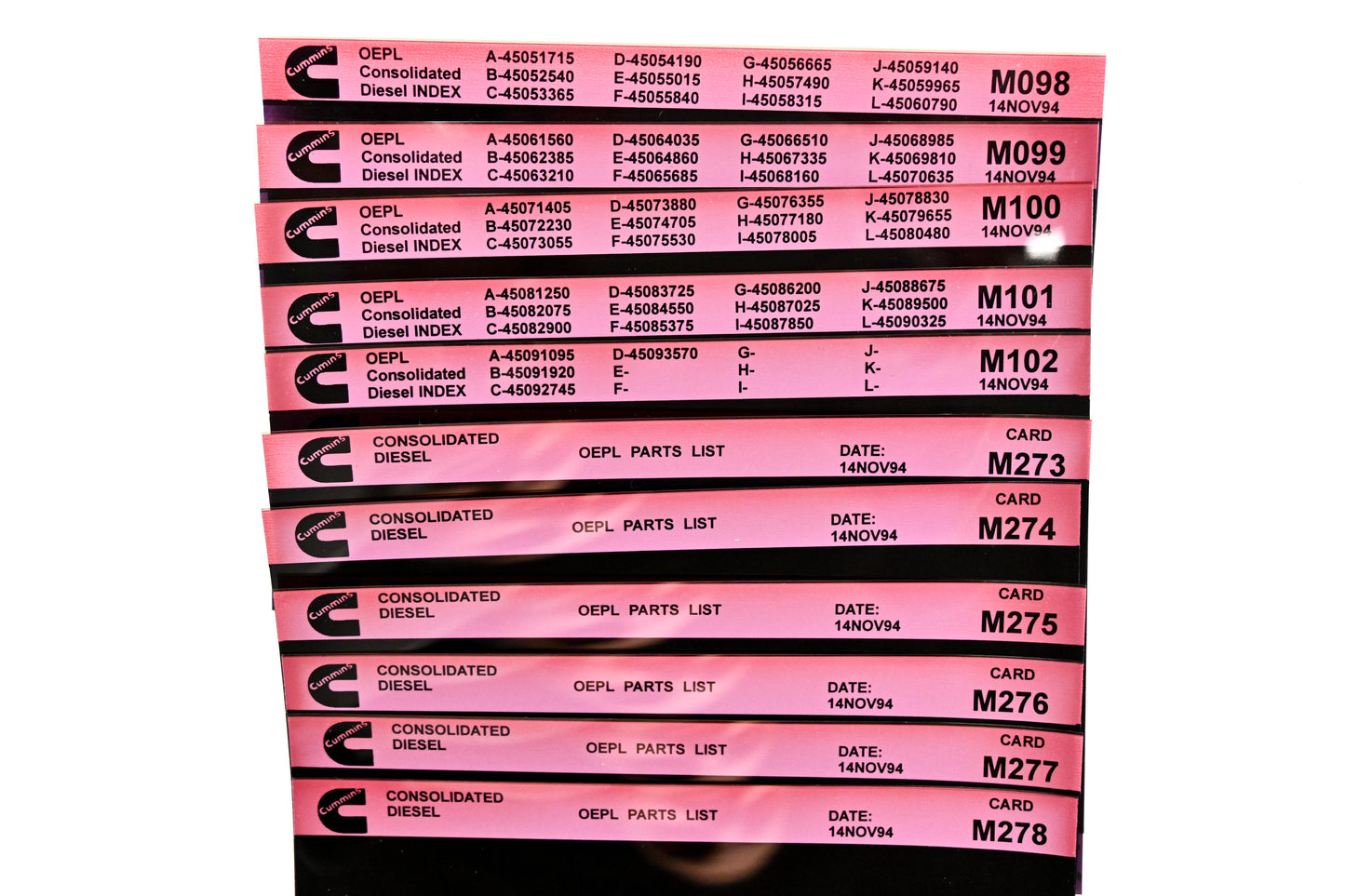 Cummins M098, M273, M278 1994 Consolidated Diesel OEPL Parts List & ESN Index Lot Of 11 Microfiche NOS