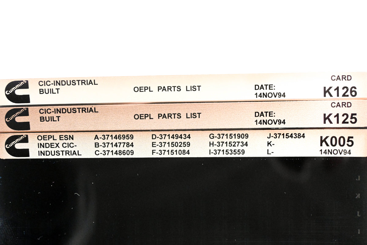 Cummins K005, K125, K126 1994 CIC Industrial OEPL Parts List & ESN Index Lot Of 3 Microfiche NOS