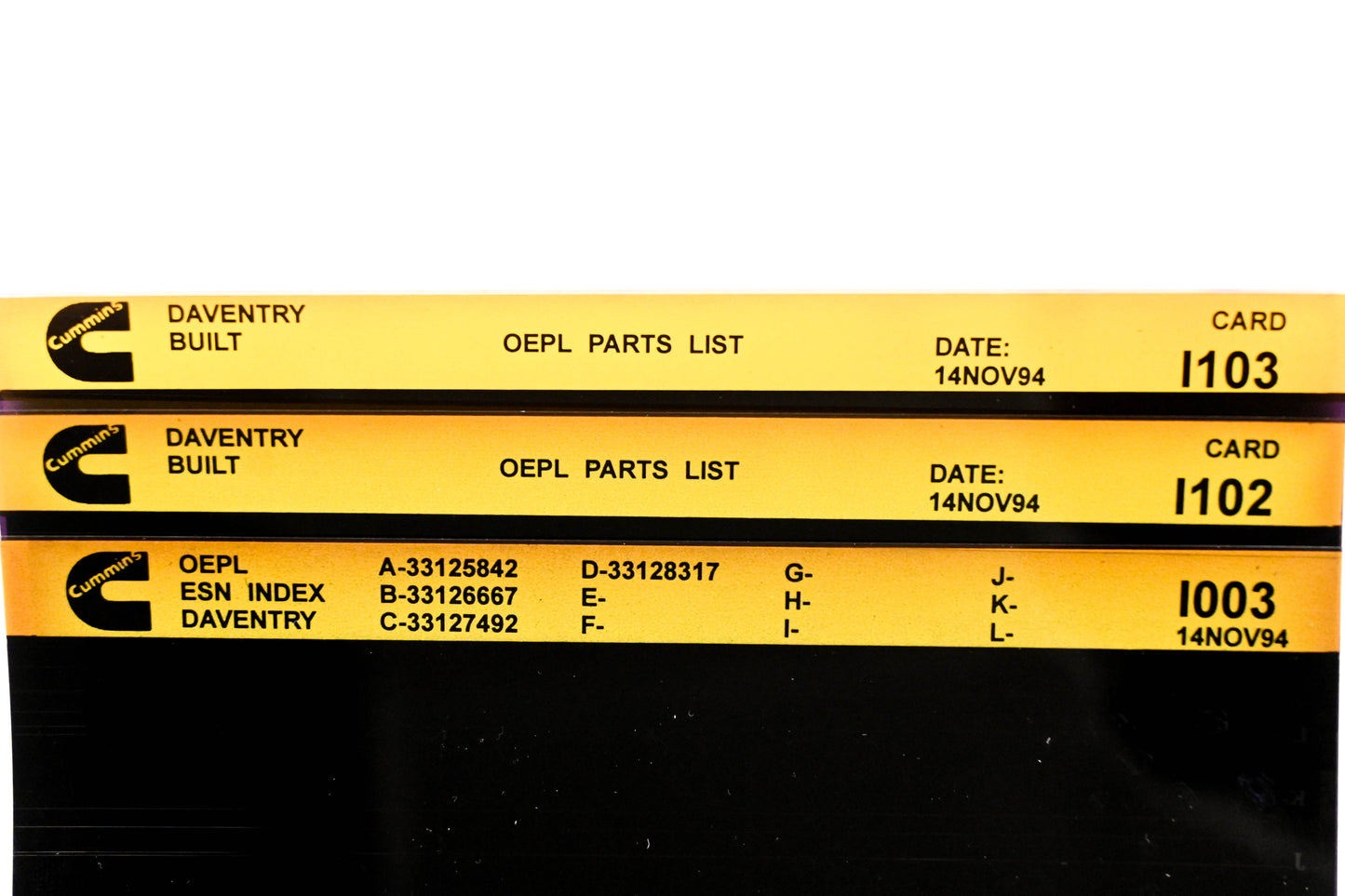 Cummins I003, I102, I103 1994 Daventry OEPL Parts List & ESN Index Lot Of 3 Microfiche NOS