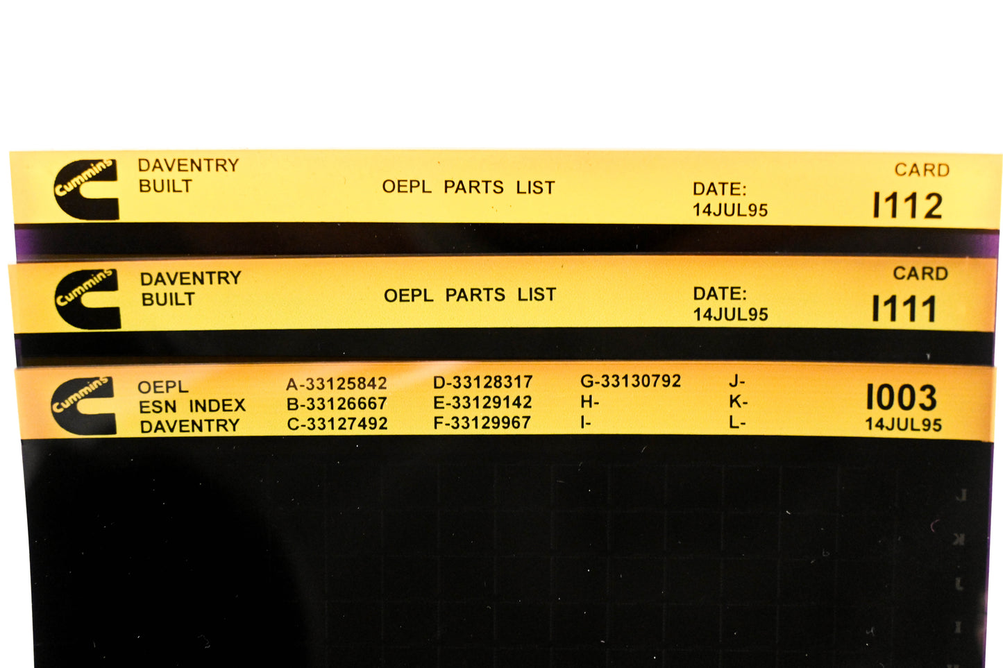 Cummins I003, I111, I112 1995 Daventry OEPL Parts List & ESN Index Lot of 3 Microfiche NOS