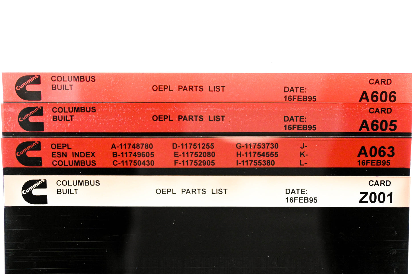 Cummins A063, A606, Z001 1995 Columbus OEPL Pars List & ESN Index Lot Of 4 Microfiche NOS