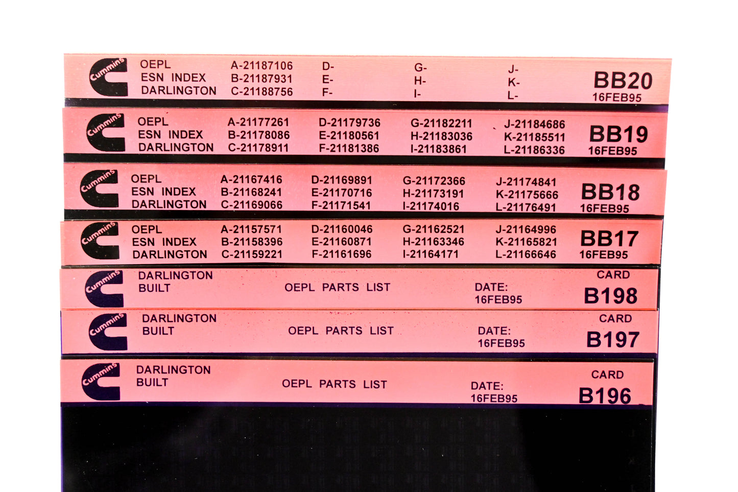Cummins BB17, B196, B198 1995 OEPL Parts List & ESN Index Lot Of 7 Microfiche NOS