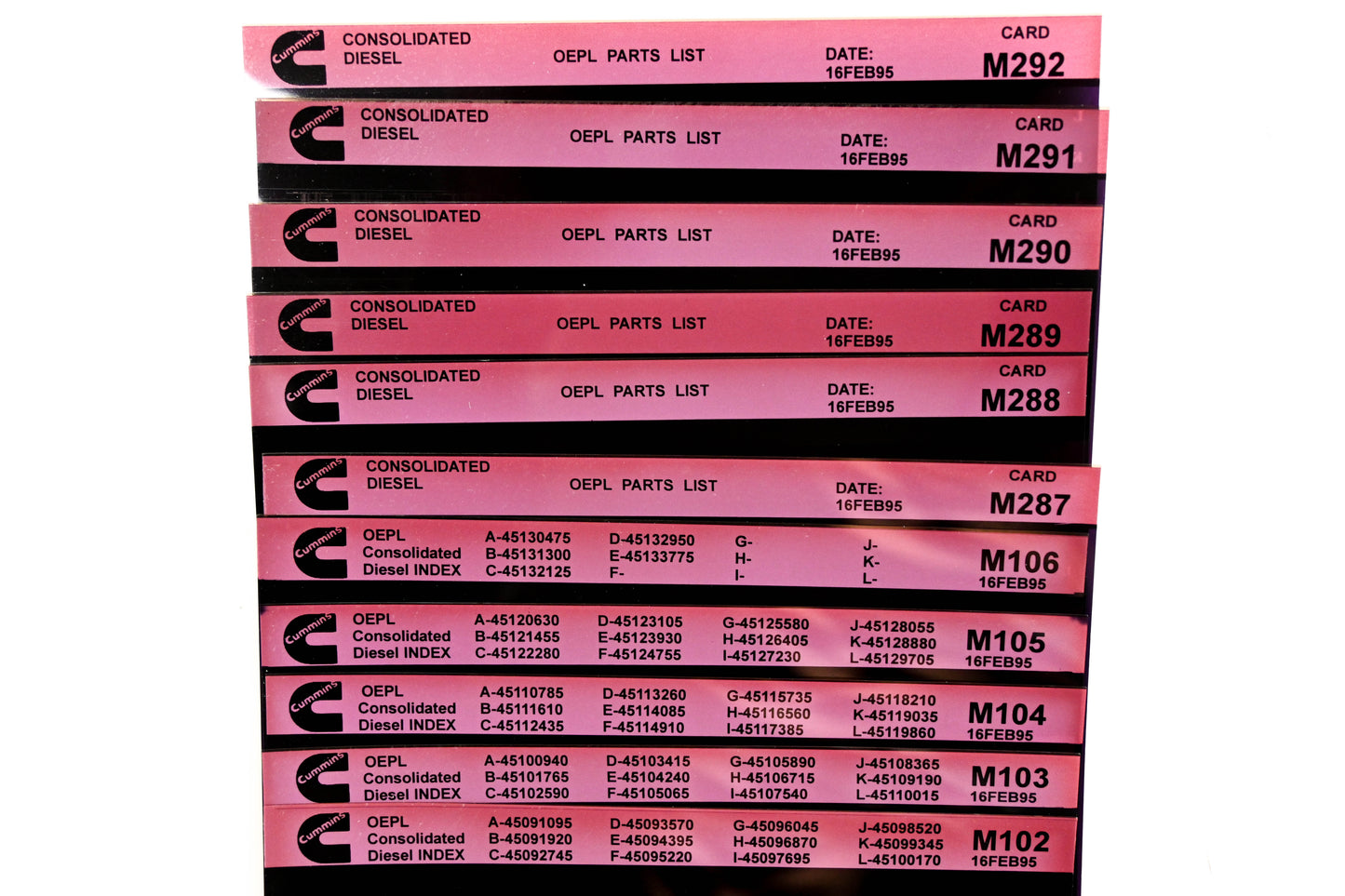 Cummins M102, M287, M292 1995 Consolidated Diesel OEPL Parts List & ESN Index Lot Of 11 Microfiche NOS