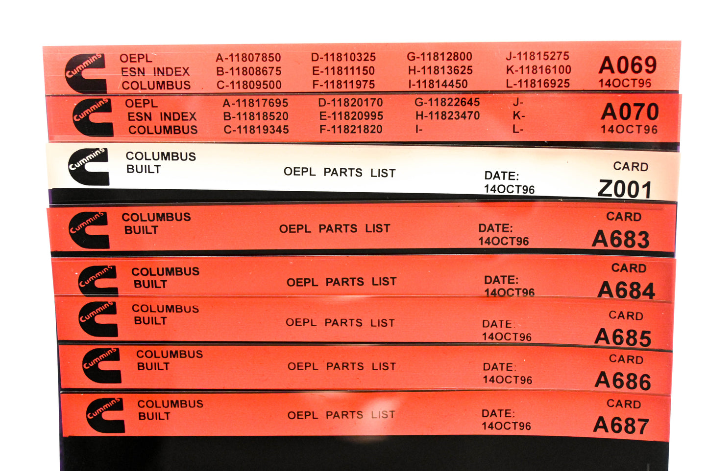 Cummins A069, A683, Z001 1996 Columbus OEPL Parts List & ESN Index Lot Of 8 Microfiche NOS