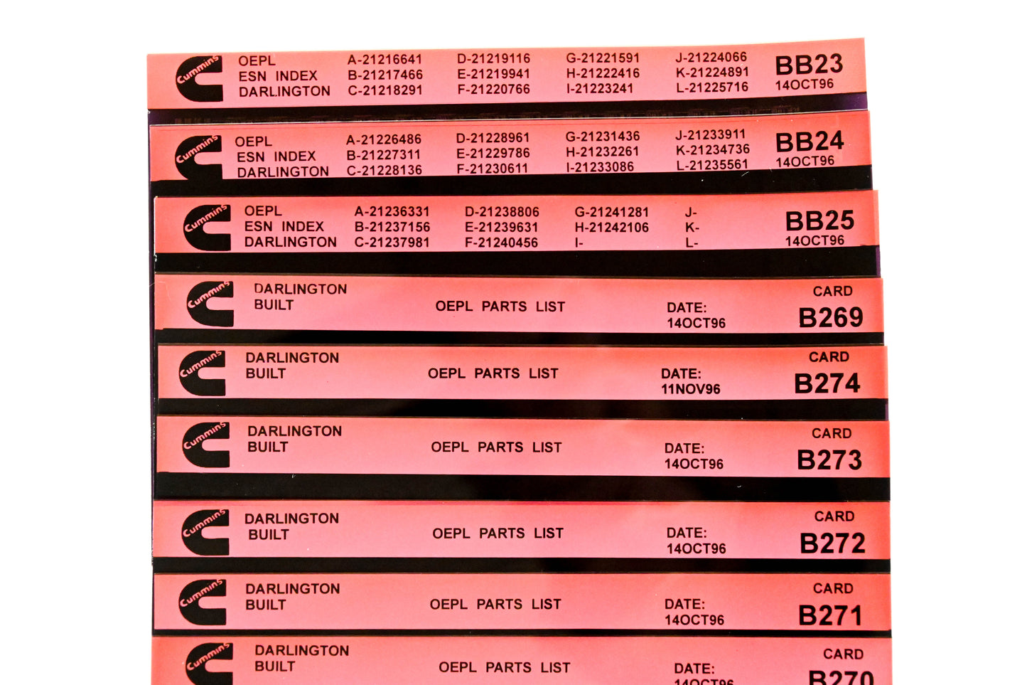 Cummins BB23, B269, B274 1996 Darlington OEPL Parts List & ESN Index Lot Of 9 Microfiche NOS