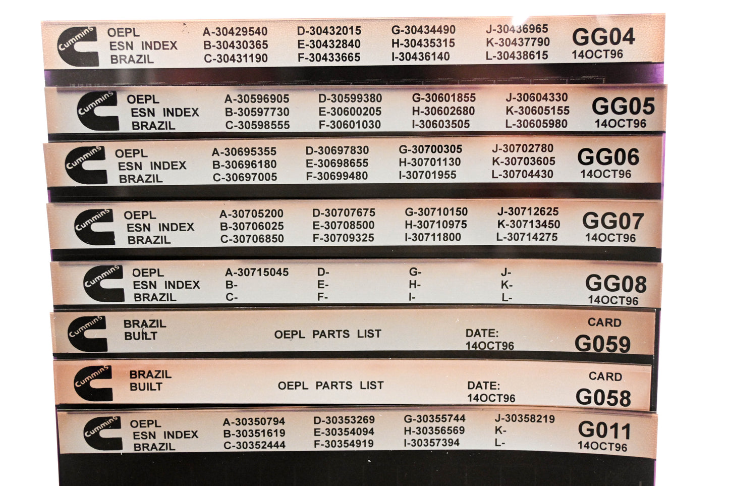 Cummins G011, GG04, G059 1996 Brazil OEPL Parts List & ESN Index Lot Of 8 Microfiche NOS