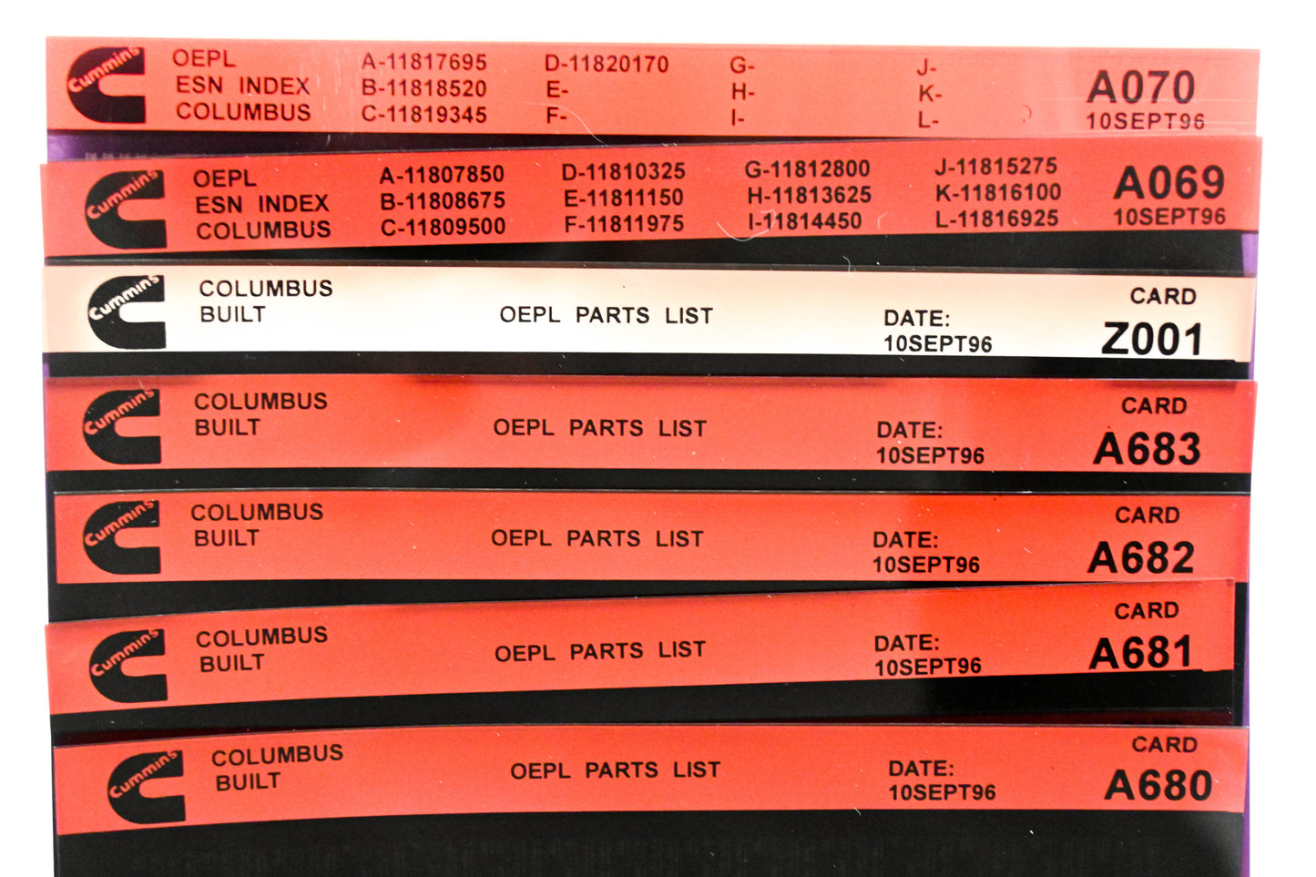 Cummins A069, A680, Z001 1996 Columbus OEPL Parts List & ESN Index Lot Of 7 Microfiche NOS