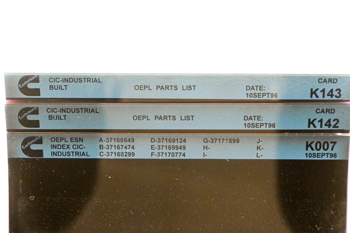 Cummins K007, K142, K143 1996 CIC Industrial OEPL Parts List & ESN Index Lot Of 3 Microfiche NOS