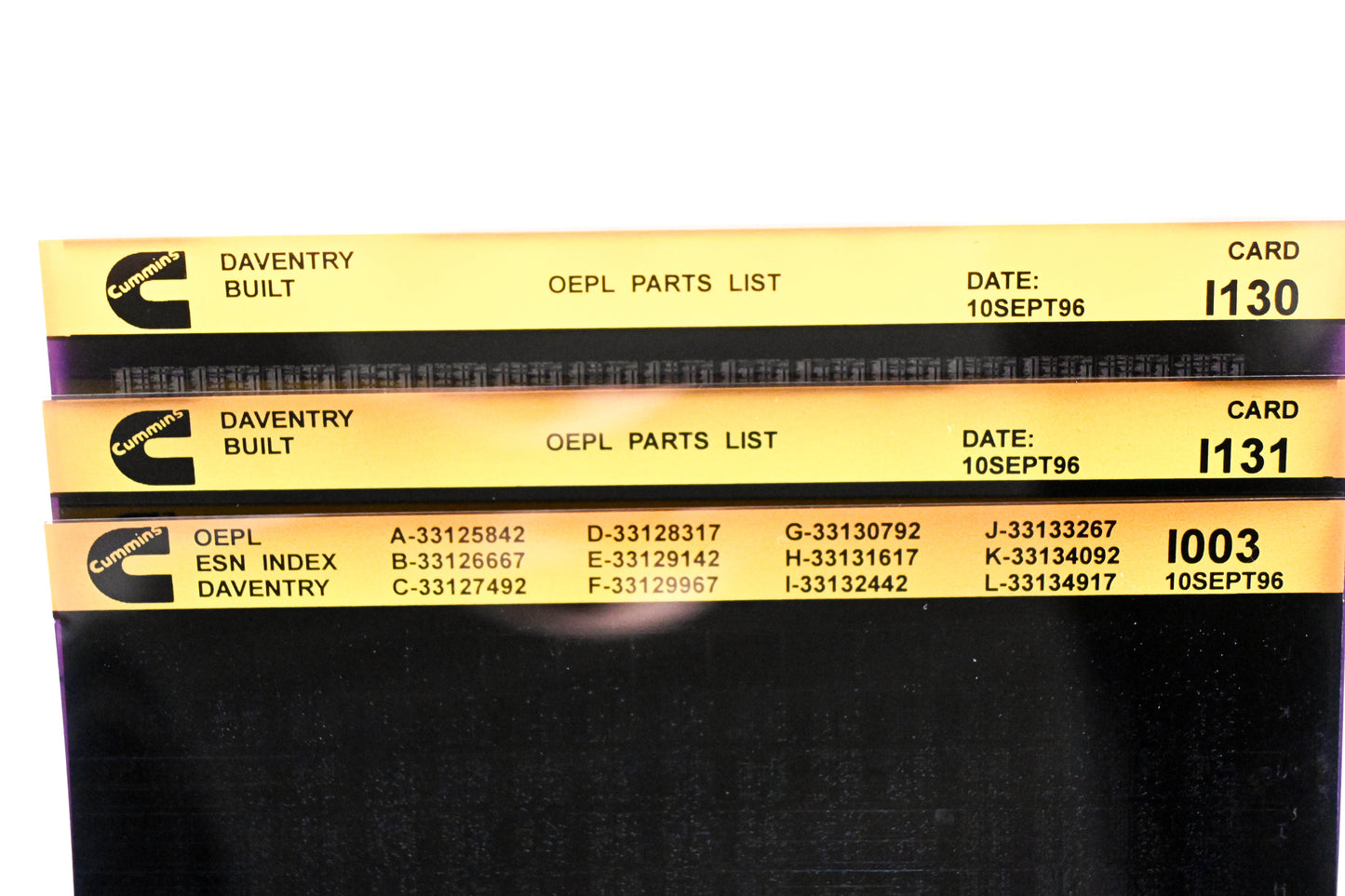 Cummins I003, I130, I131 1996 Daventry OEPL Parts List & ESN Index Lot Of 3 Microfiche NOS