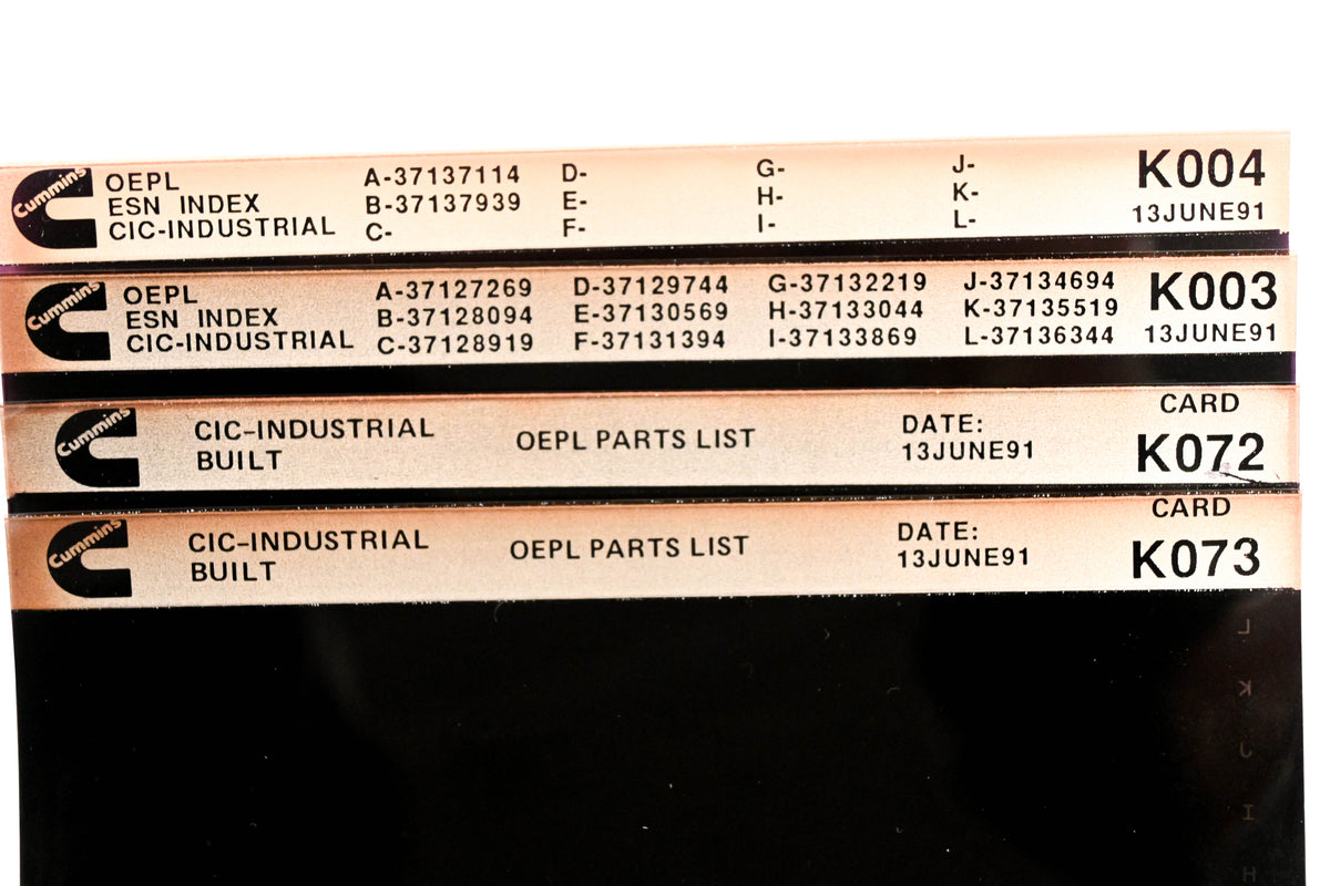 Cummins K003, K072, K073 1991 CIC Industrial OEPL Parts List & ESN Index Lot Of 4 Microfiche NOS