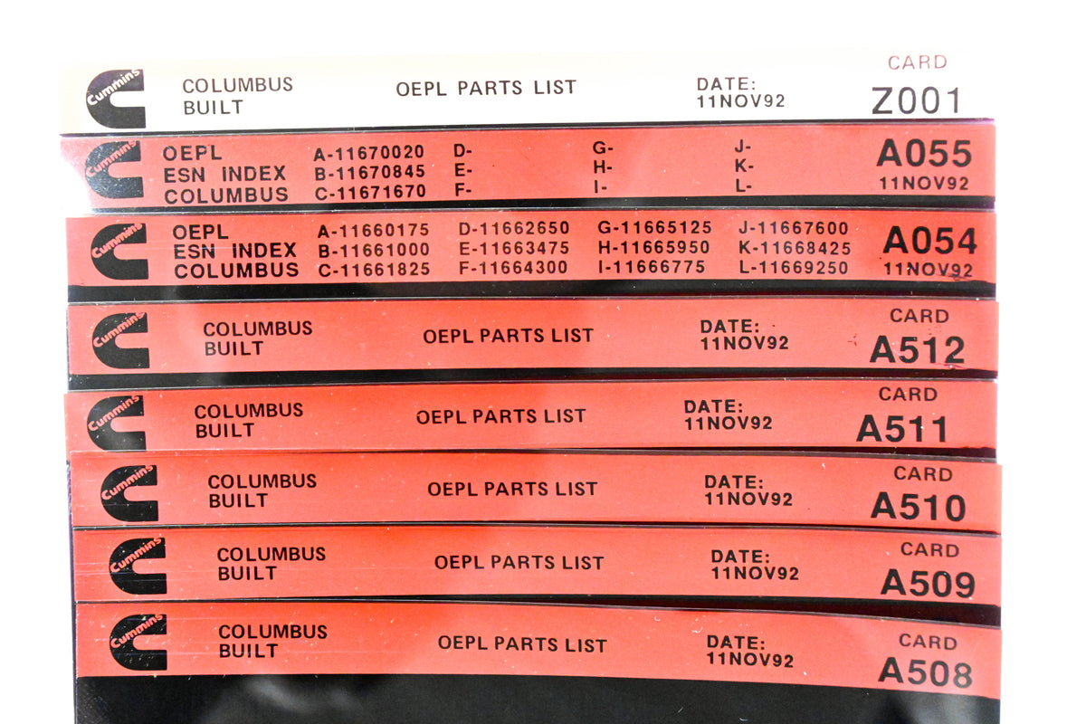 Cummins A054, A508, Z001 1992 Columbus OEPL Parts List & ESN Index Lot Of 8 Microfiche NOS