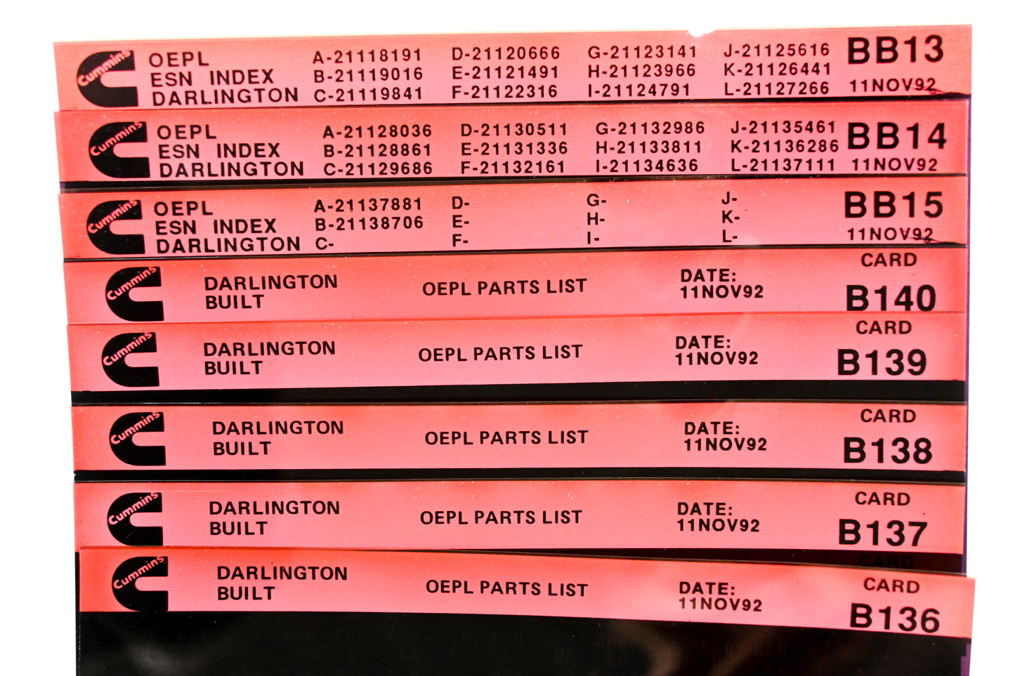 Cummins BB13, B136, B140 1992 Darlington OEPL Parts List & ESN Index Lot Of 8 Microfiche NOS