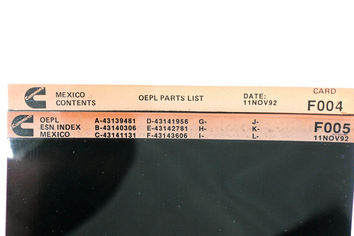 Cummins F004, F005 1992 Mexico OEPL Parts List & ESN Index Microfiche NOS