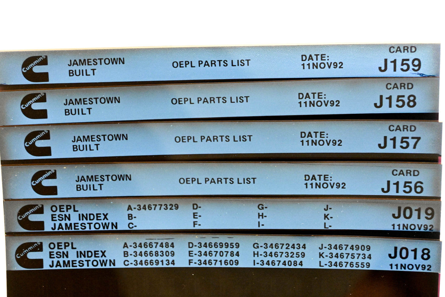 Cummins J018, J156, J159 1992 Jamestown OEPL Parts List & ESN Index Lot Of 6 Microfiche NOS