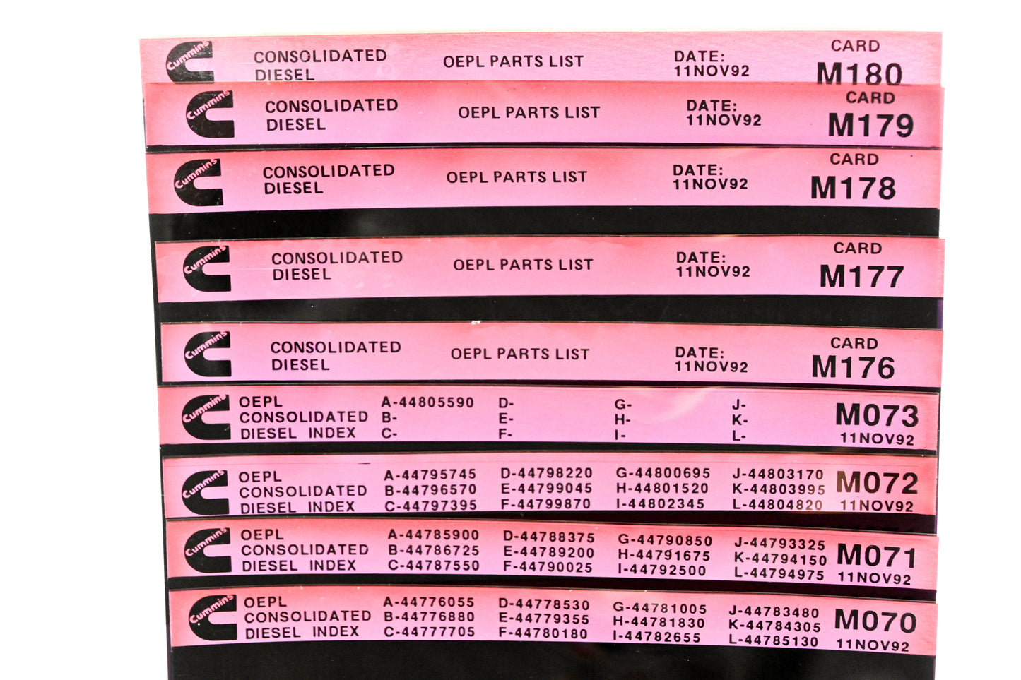 Cummins M070, M176, M180 1992 Consolidated Diesel OEPL Parts List & ESN Index Lot Of 9 Microfiche NOS