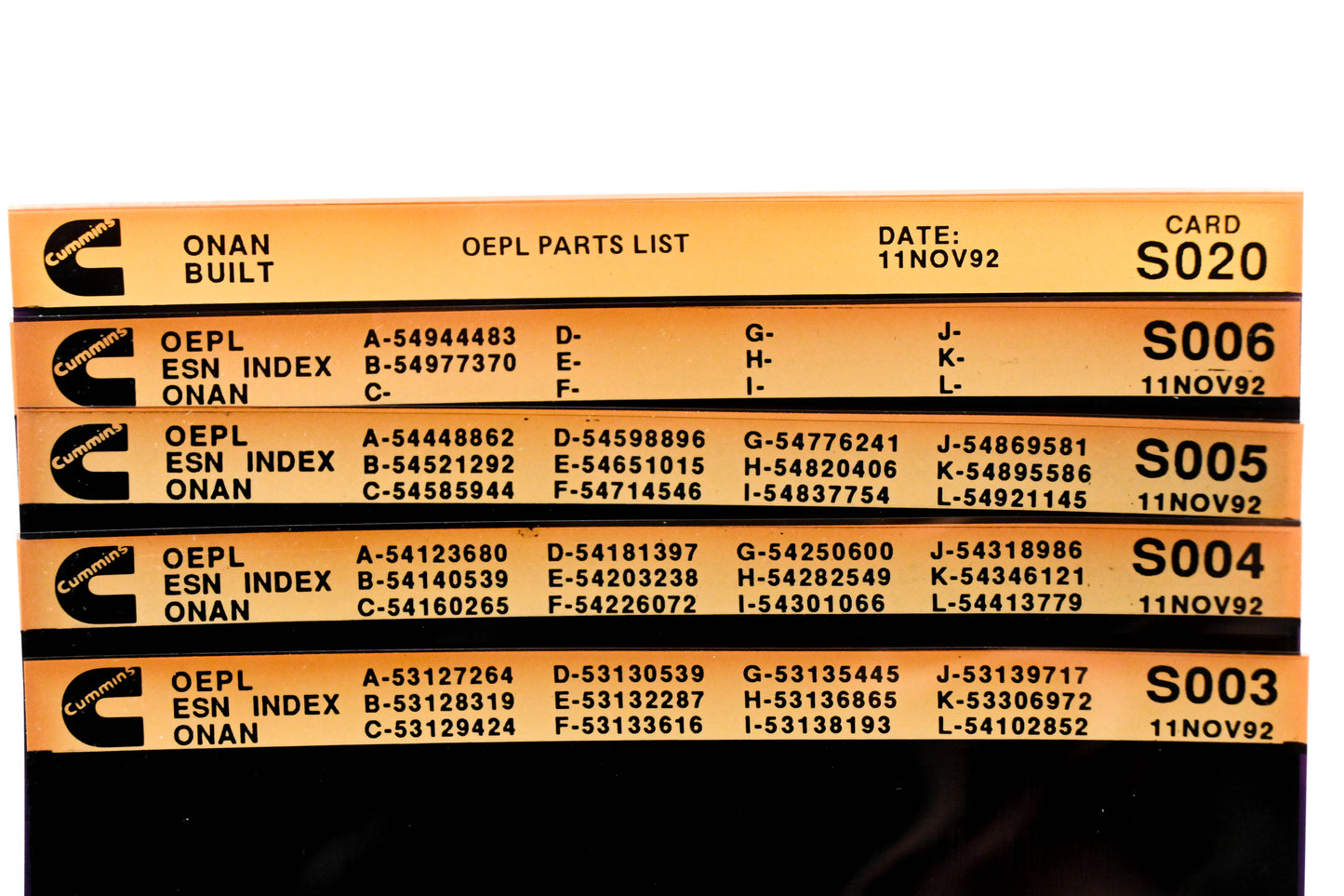 Cummins S003, S006, S020 1992 Onan OEPL Parts List & ESN Index Lot Of 5 Microfiche NOS