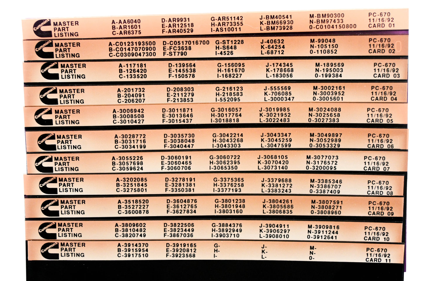 Cummins XM011-108 1992 PC-670 Master Part Listing Card01 - 11 Microfiches NOS
