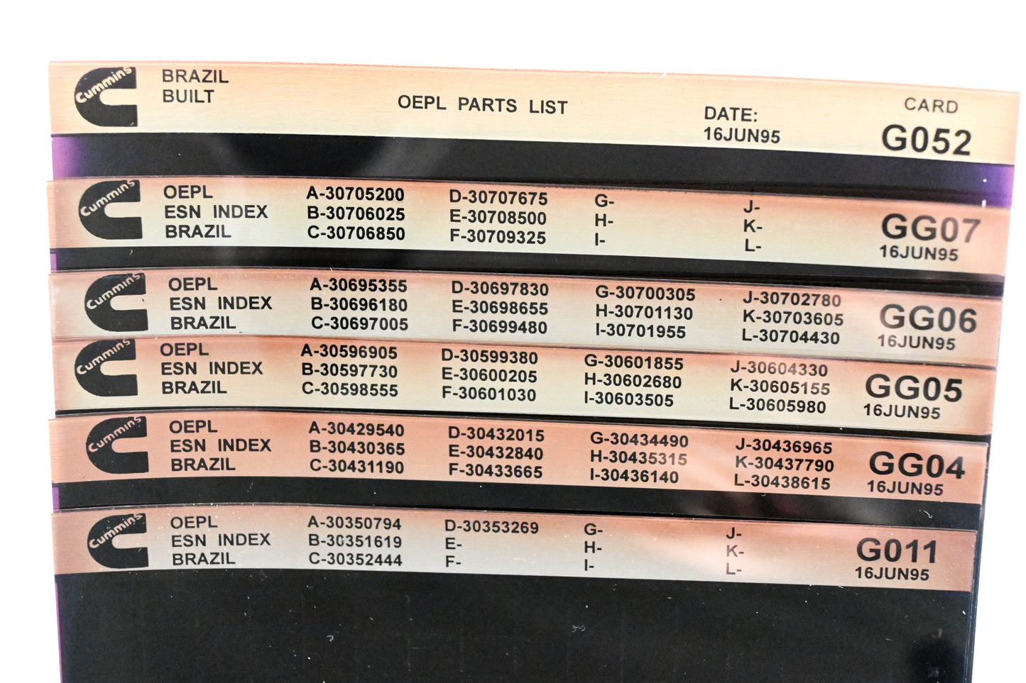 Cummins G011, GG04, G052 1995 Brazil OEPL Parts List & ESN Index Lot Of 6 Microfiche NOS
