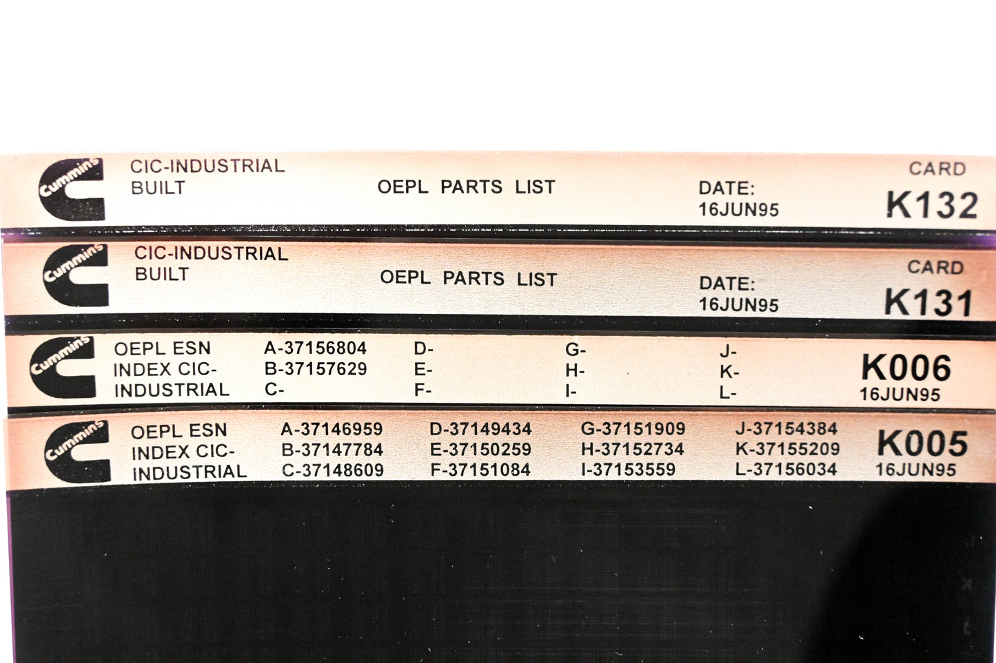 Cummins K005, K131, K132 1995 CIC Industrial OEPL Parts List & ESN Index Lot Of 4 Microfiche NOS