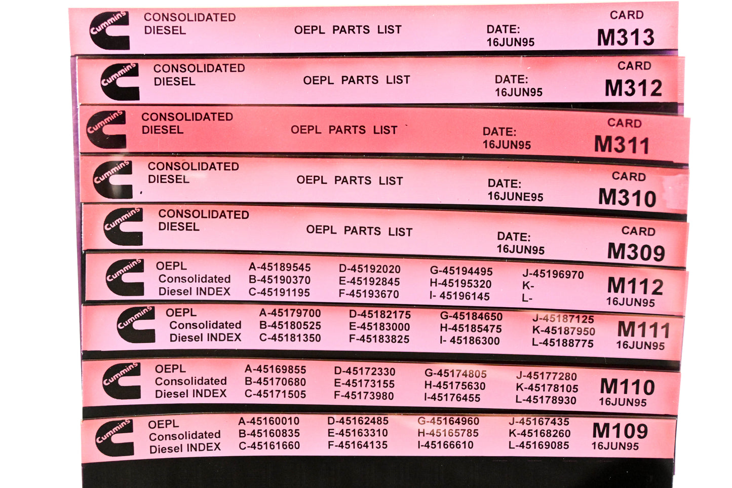 Cummins M109, M309, M313 1995 Consolidated Diesel Parts List & ESN Index Lot Of 9 Microfiche NOS