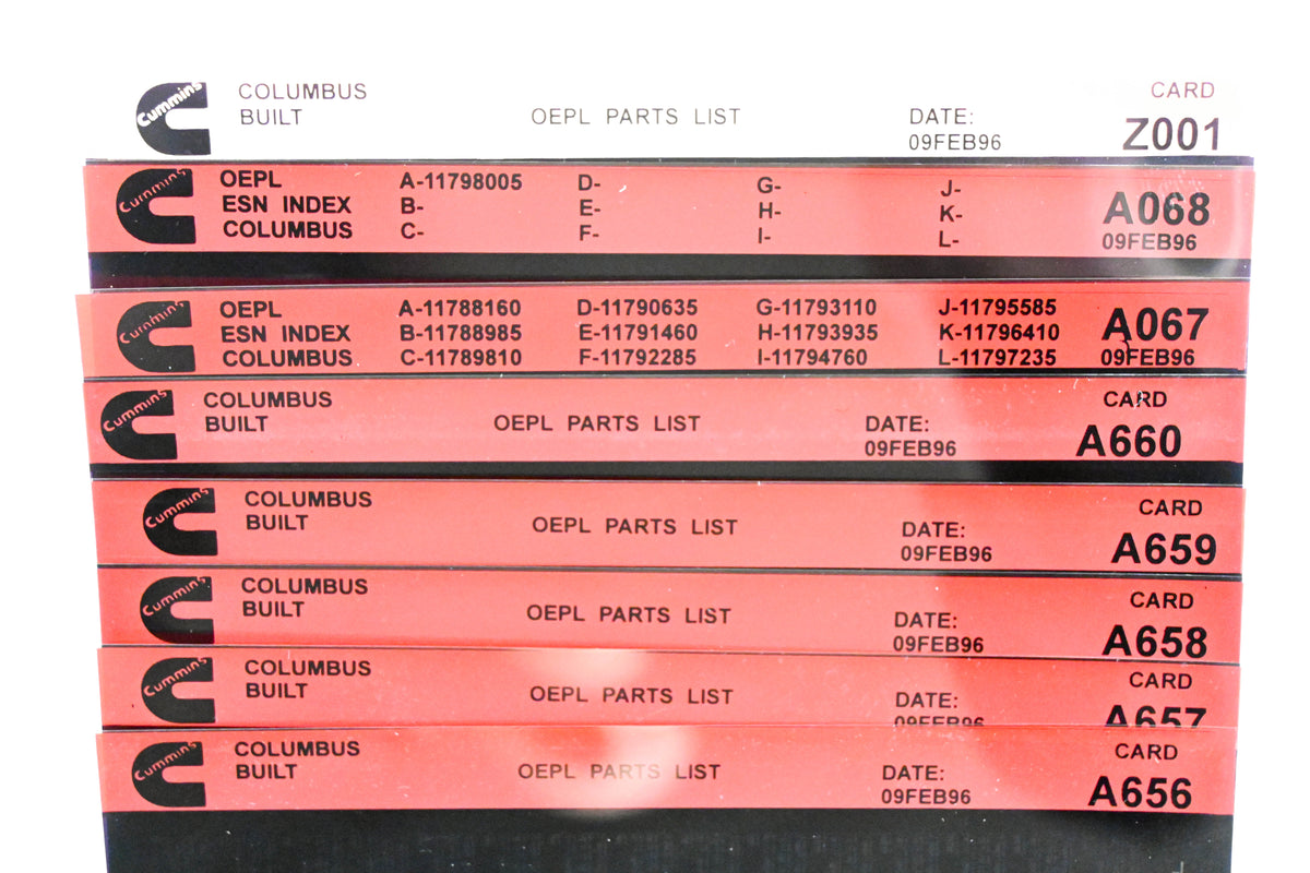 Cummins A067, A656, Z001 1996 Columbus OEPL Parts List & ESN Index Lot Of 9 Microfiche NOS