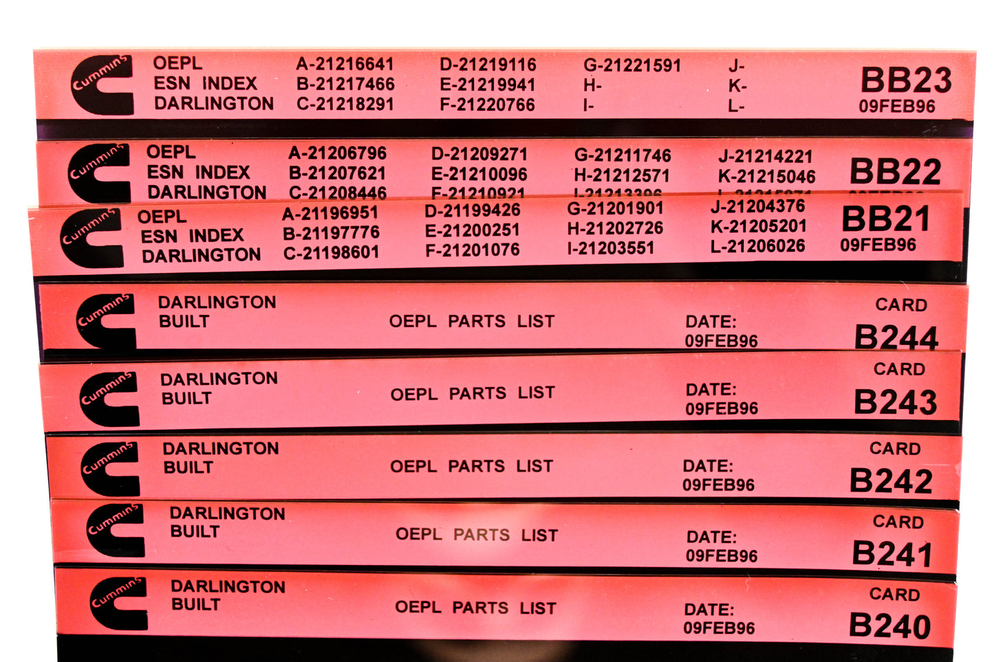 Cummins BB21, B240, B244 1996 Darlington OEPL Parts List & ESN Index Lot Of 8 Microfiche NOS