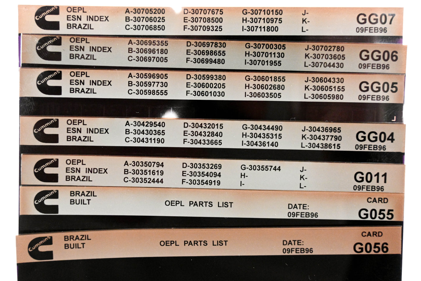 Cummins G011, GG04, G056 1996 Brazil OEPL Parts List & ESN Index Lot Of 7 Microfiche NOS