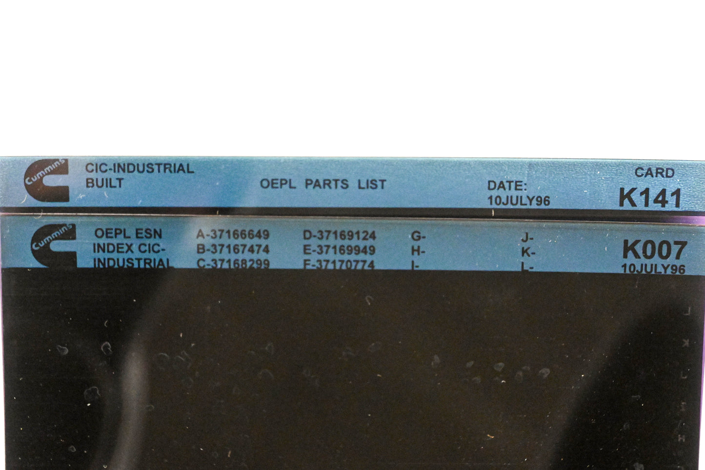 Cummins K007, K141 1996 CIC Industrial OEPL Parts List & ESN Index Lot of 2 Microfiche NOS
