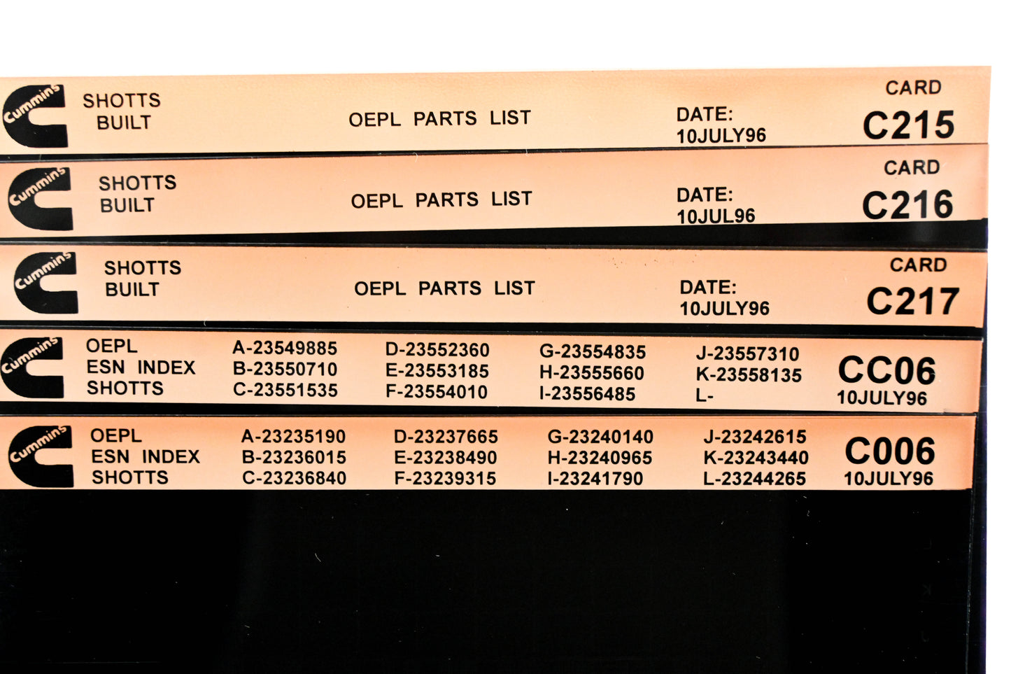 Cummins C006, CC06, C217 1996 Shotts OEPL Parts List & ESN Index Lot Of 5 Microfiche NOS