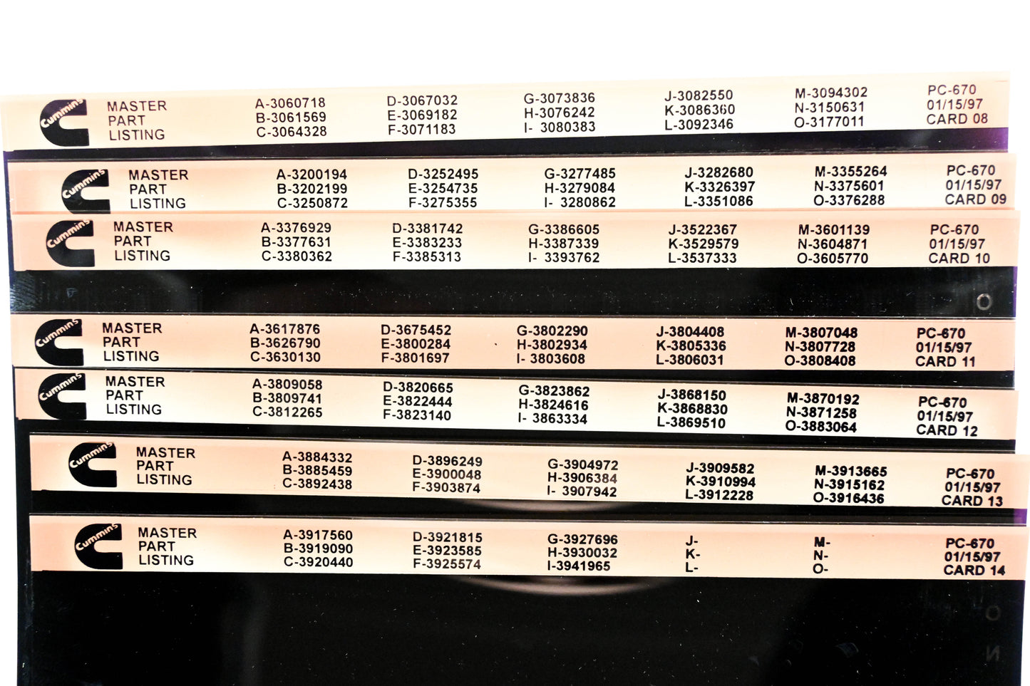 Cummins XM011-170 1997 PC-670 Master Part Listing Lot Of 14 Microfiche NOS