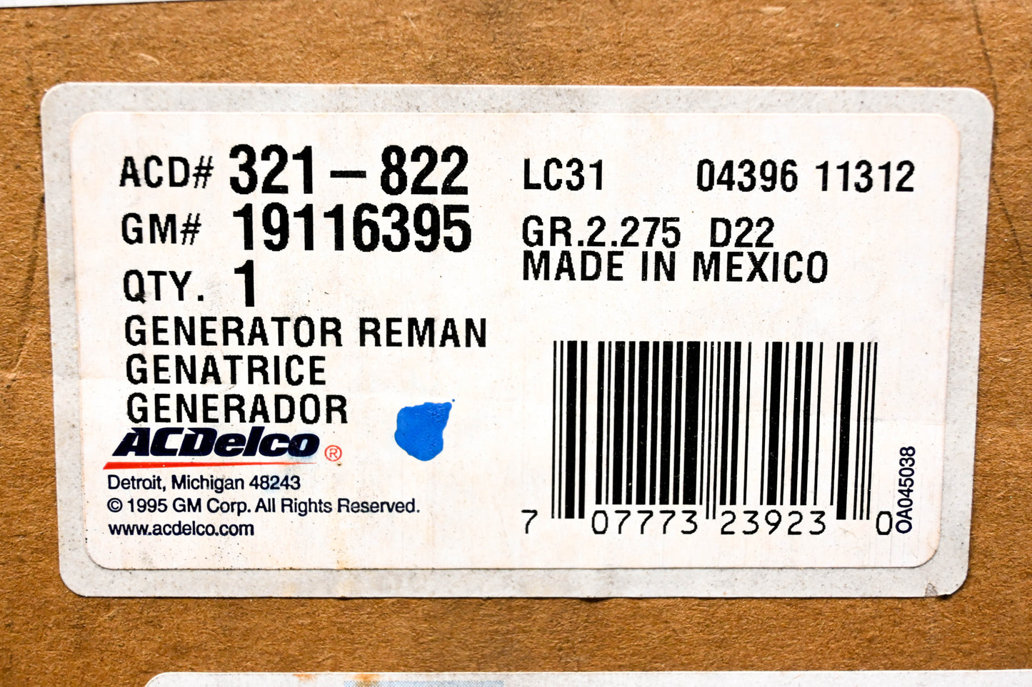ACDelco 19116395, 321-822 Remanufactured Model# 8700056 12v Generator