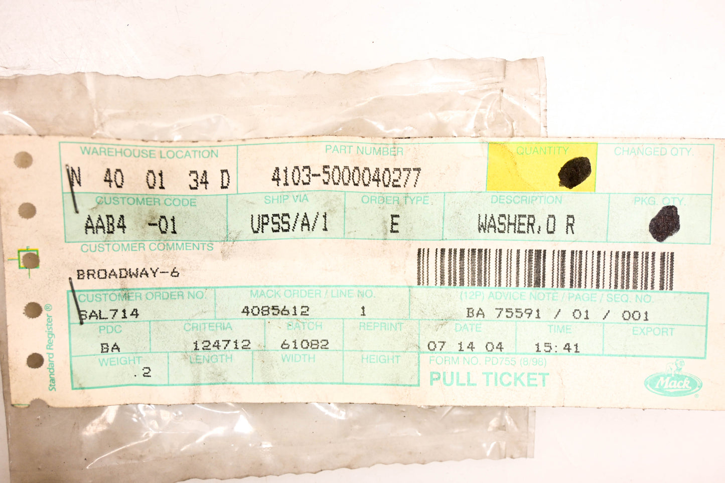 Mack 4103-5000040277 O Ring Washer NOS