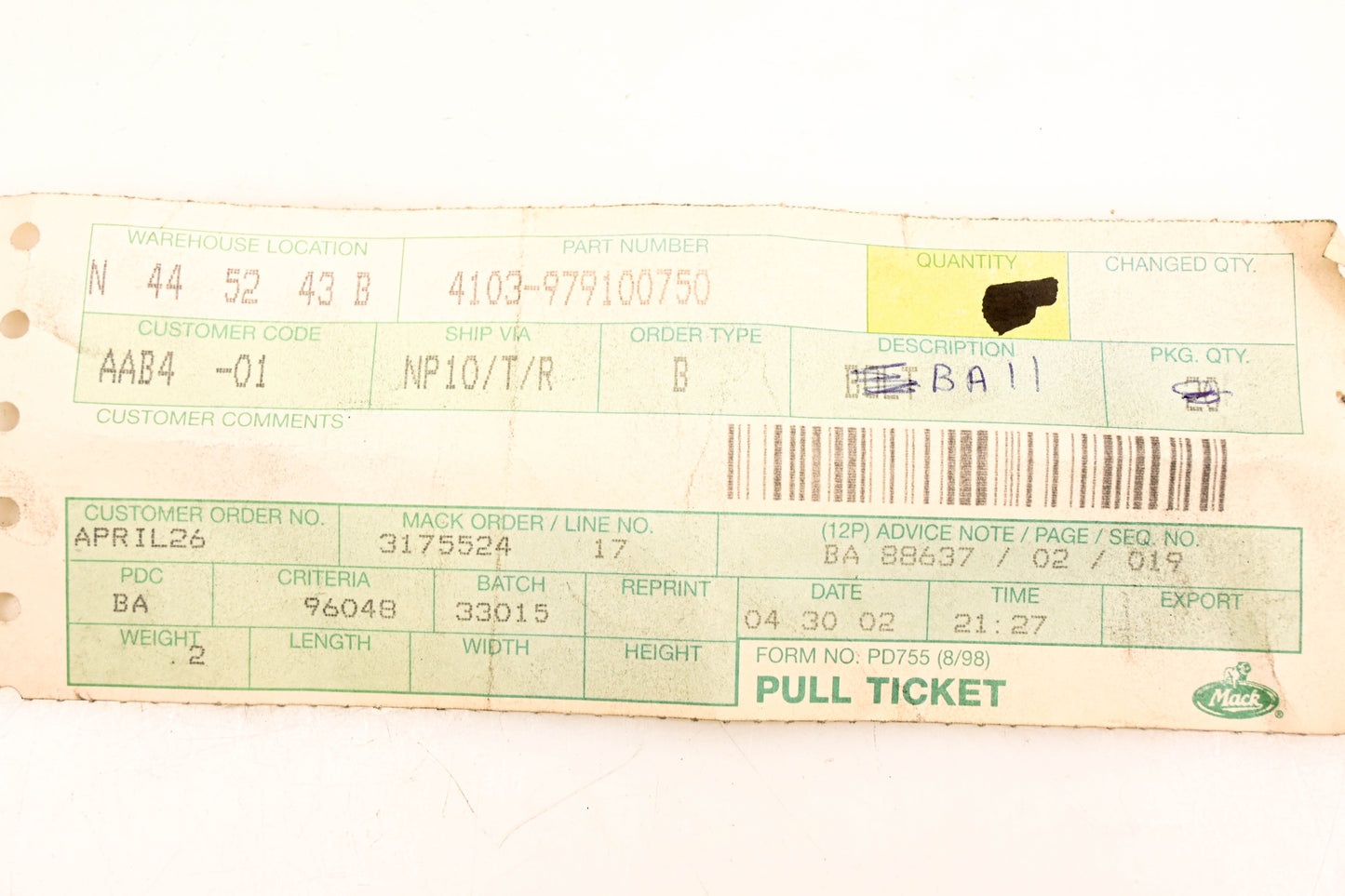 Mack 4103-979100750 Ball NOS