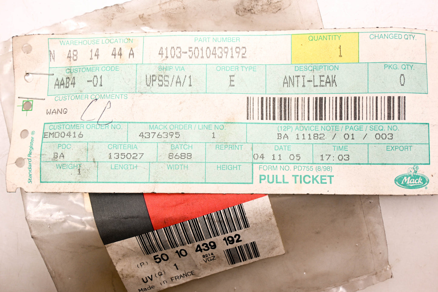 Mack 4103-5010439192, 5010439192 Renault Anti-Leak Ring NOS