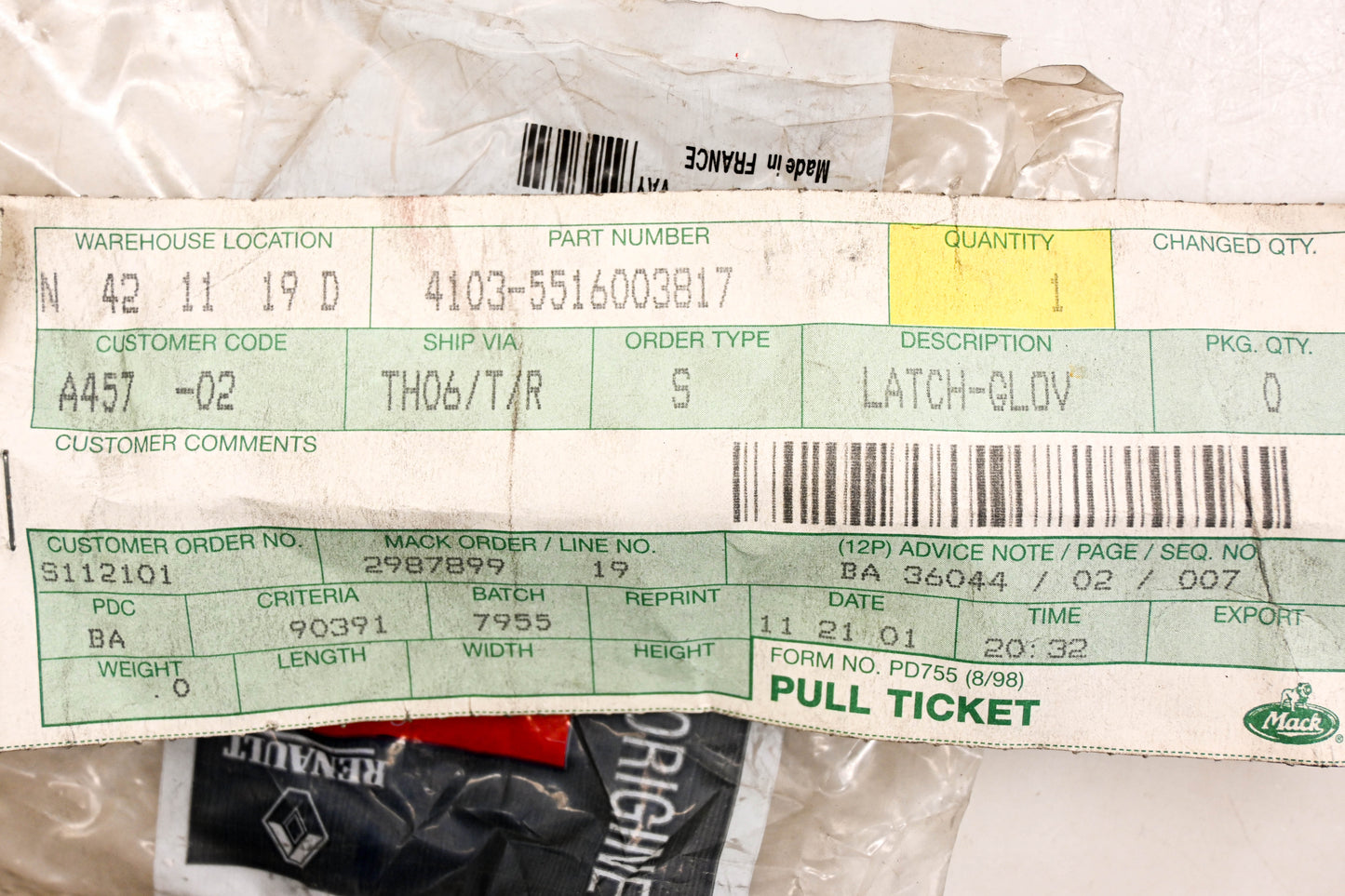 Mack 4103-5516003817, 5516003817 Renault Glovebox Latch NOS