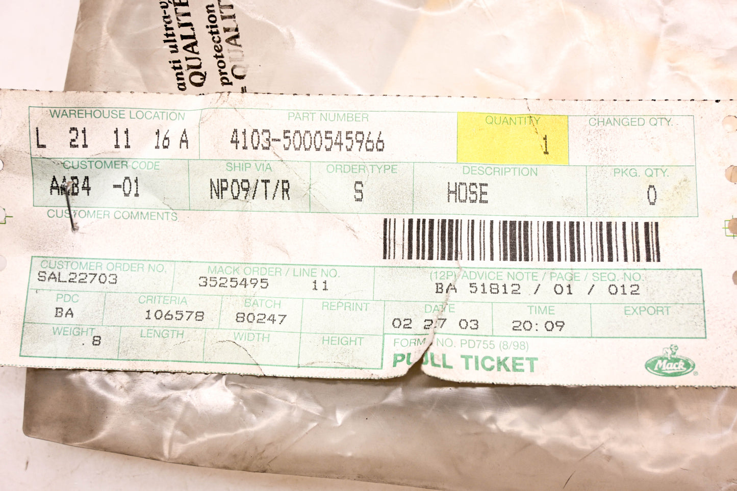 Mack 4103-5000545966, 5000545966 Renault Hose NOS