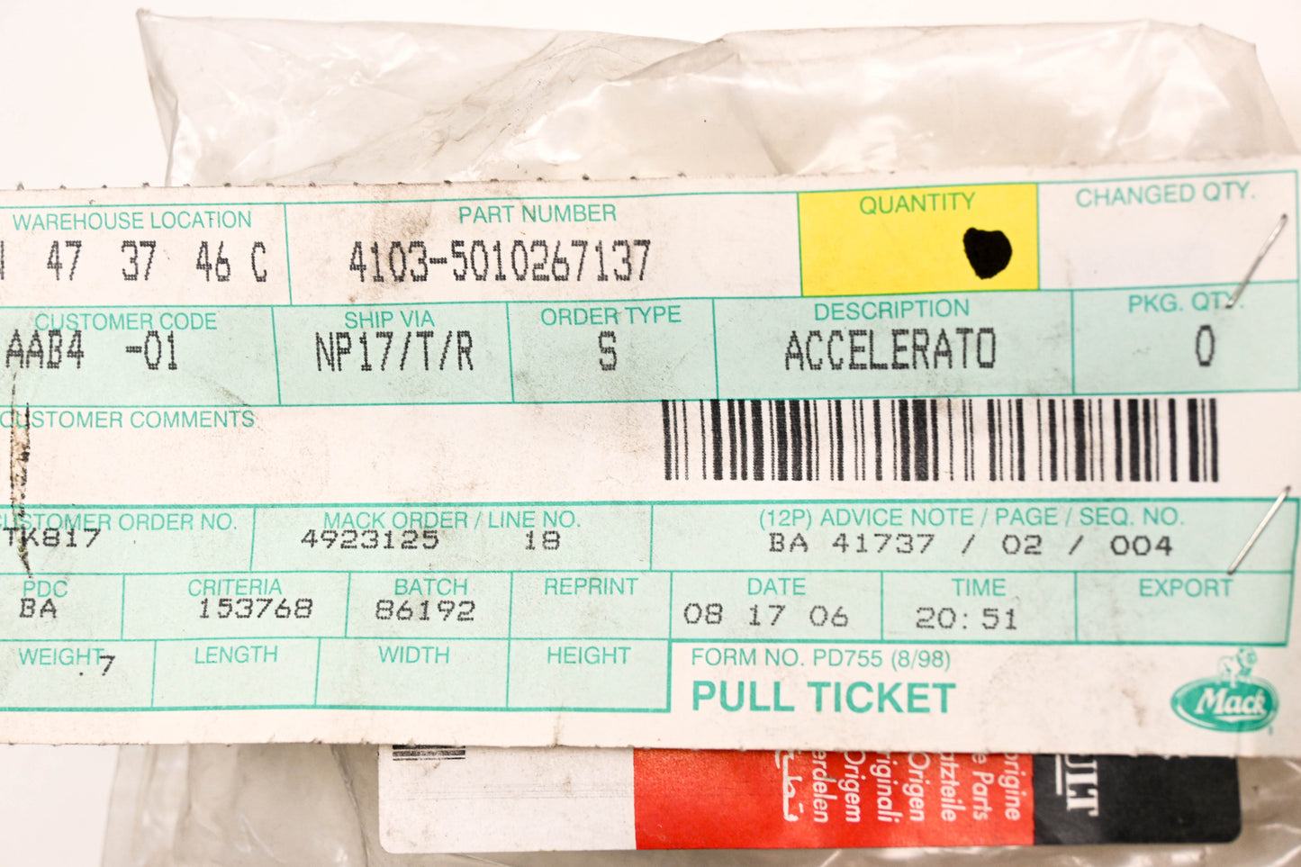 Mack 4103-5010267137, 5010267137 Renault Accelerator Lever Bracket NOS
