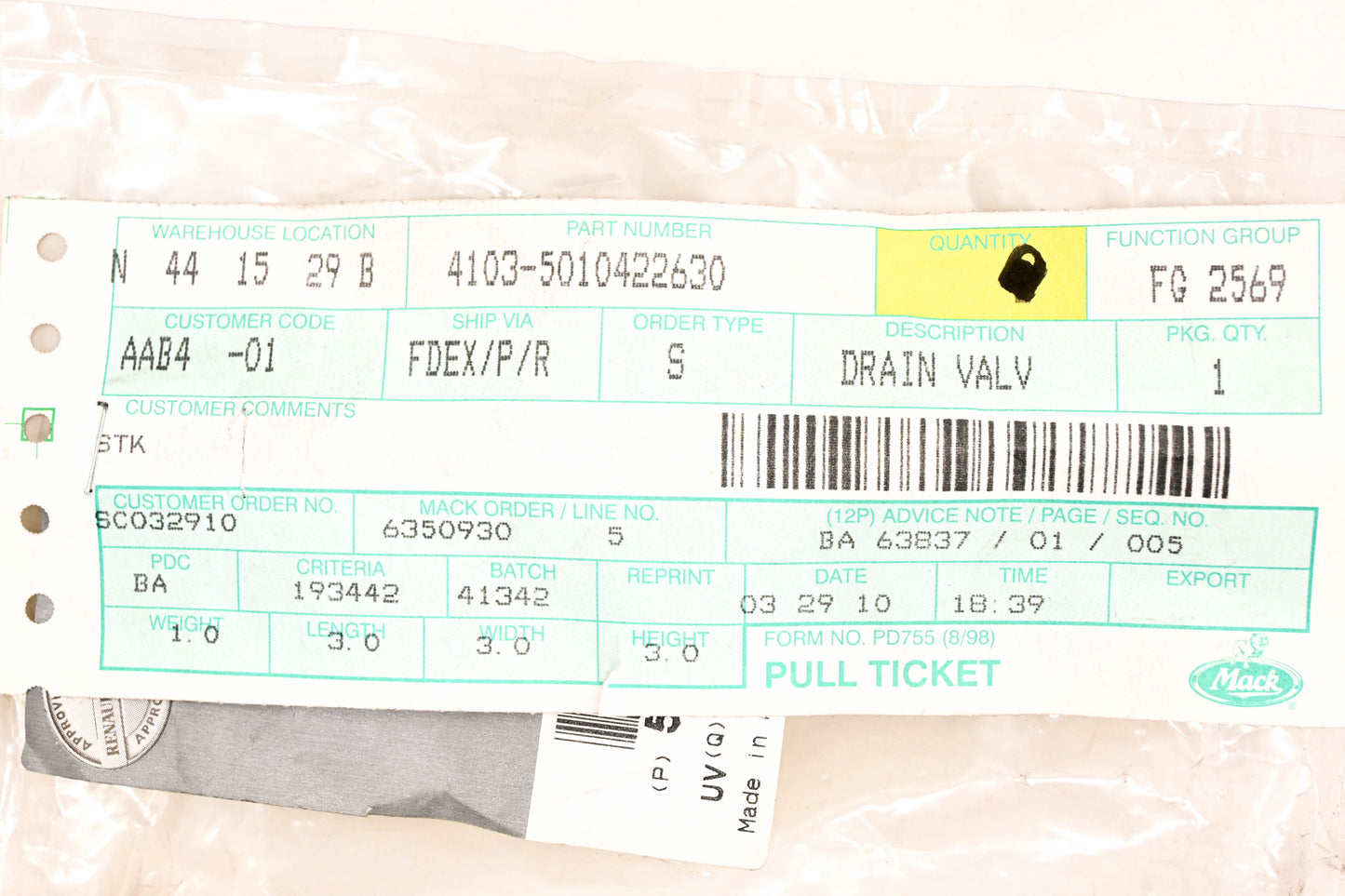 Mack 4103-5010422630, 5010422630 Renault Drain Valve NOS