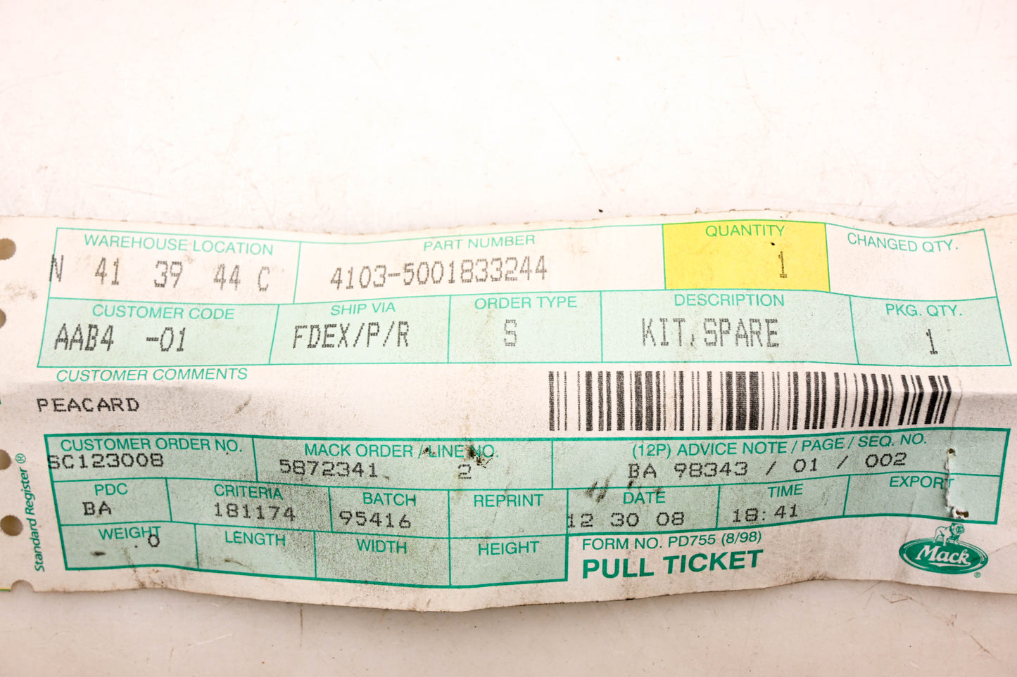 Mack 4103-5001833244, 5001833244 Renault Spare Parts NOS