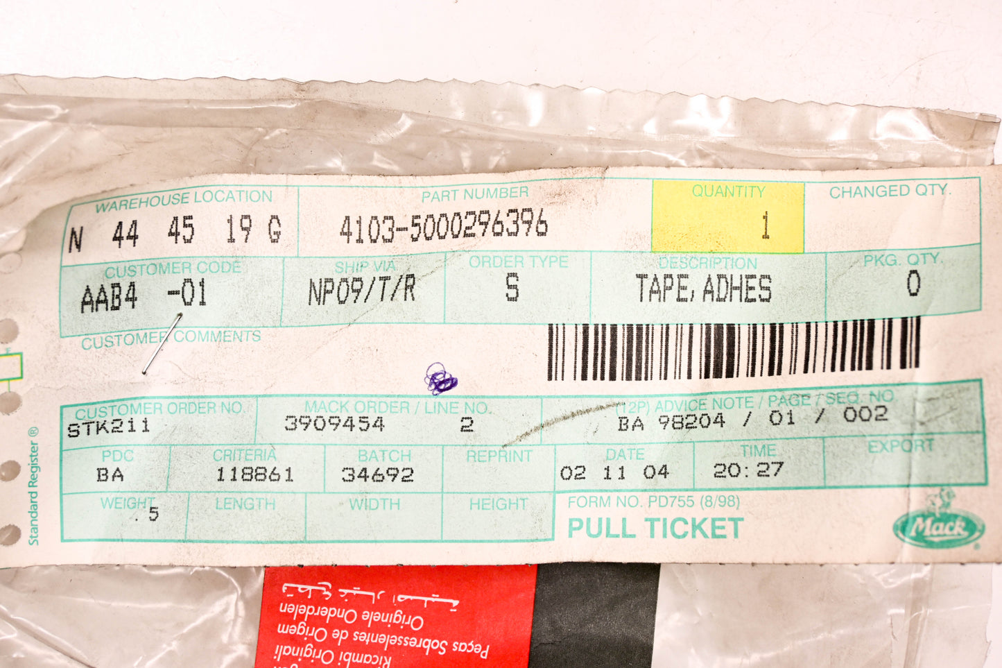 Mack 4103-5000296396, 5000296396 Adhesive Tape Roll NOS