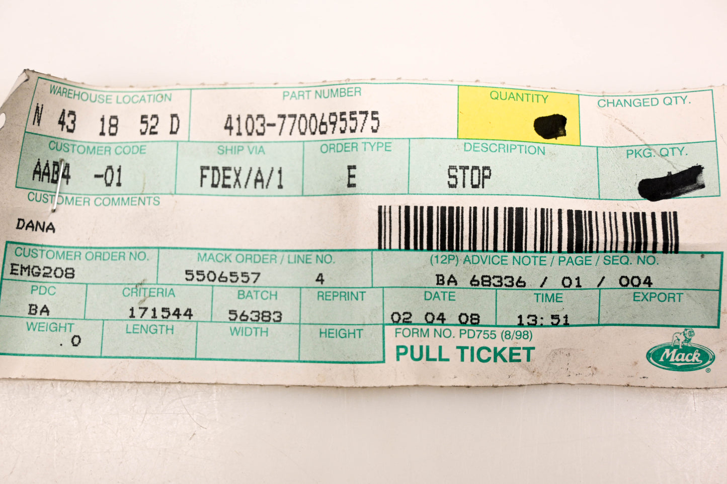 Mack 4103-7700695575, 7700695575 Stop Bracket NOS